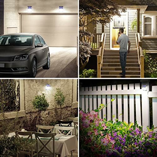 Four scenes showing outdoor security lighting: car by garage, person at front door, patio dining area, and flowers by fence.