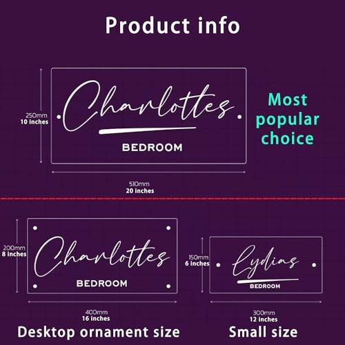 Product info for bedroom signs in various sizes.